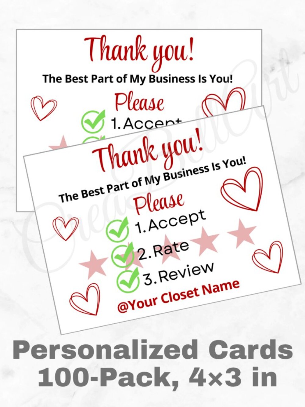 100 Personalized Rate Thank You Cards Small Business, 4×3 in